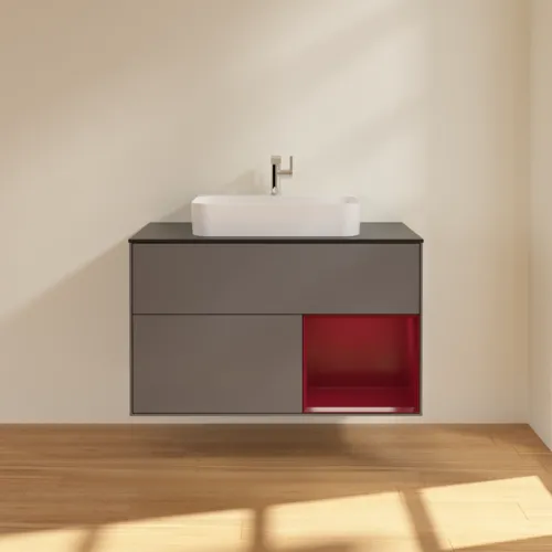 VILLEROY BOCH Toaletní skříňka Finion, s osvětlením, 2 výsuvy, 1000 x 603 x 501 mm, antracitový matný lak / pivoňkový matný lak / černé matné sklo #F372HBGK, obrázek 3