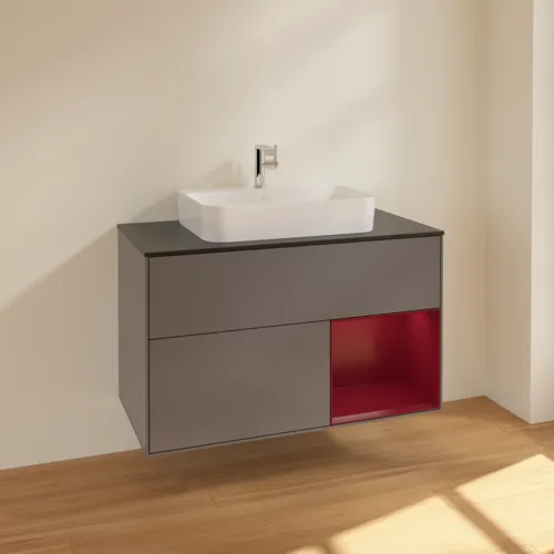 VILLEROY BOCH Toaletní skříňka Finion, s osvětlením, 2 výsuvy, 1000 x 603 x 501 mm, antracitový matný lak / pivoňkový matný lak / černé matné sklo #F372HBGK, obrázek 2