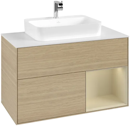 VILLEROY BOCH Toaletní stolek Finion, s osvětlením, 2 výsuvy, 1000 x 603 x 501 mm, dubová dýha / hedvábně šedý matný lak / sklo bílé matné #F371HJPC