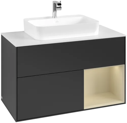 VILLEROY BOCH Toaletní skříňka Finion, s osvětlením, 2 výsuvy, 1000 x 603 x 501 mm, černý matný lak / hedvábně šedý matný lak / bílé matné sklo #F371HJPD