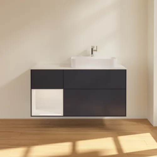 VILLEROY BOCH Toaletní skříňka Finion, s osvětlením, 3 výsuvy, 1200 x 603 x 501 mm, Midnight Blue Matt Lacquer / Glossy White Lacquer / Glass White Matt #F391GFHG, obrázek 3