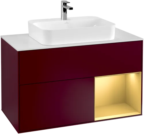 VILLEROY BOCH Toaletní skříňka Finion, s osvětlením, 2 výsuvy, 1000 x 603 x 501 mm, Peony Matt Lacquer / Gold Matt Lacquer / Glass White Matt #F371HFHB