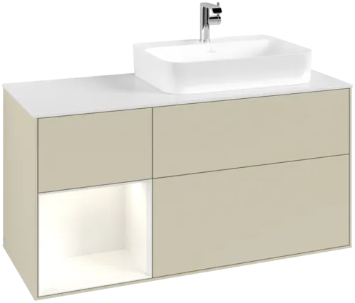 VILLEROY BOCH Toaletní skříňka Finion, s osvětlením, 3 výsuvy, 1200 x 603 x 501 mm, hedvábně šedý matný lak / lesklý bílý lak / bílé matné sklo #F391GFHJ