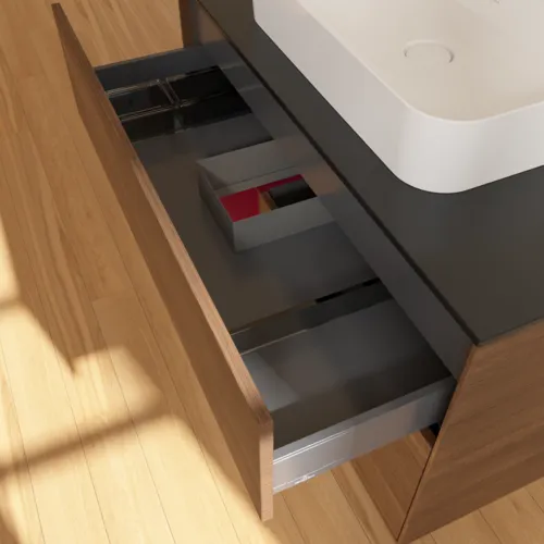VILLEROY BOCH Toaletní skříňka Finion, s osvětlením, 2 výsuvy, 1000 x 603 x 501 mm, ořechová dýha / matný lak Pivoňka / černé matné sklo #F362HBGN, obrázek 8