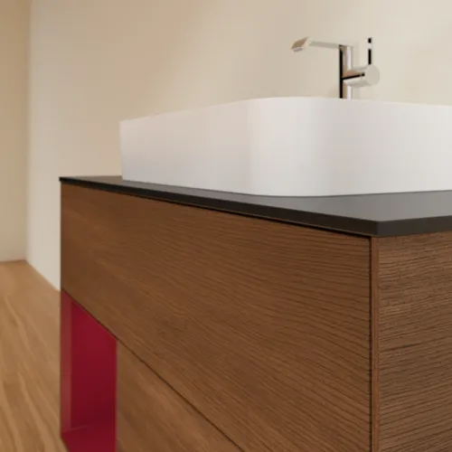VILLEROY BOCH Toaletní skříňka Finion, s osvětlením, 2 výsuvy, 1000 x 603 x 501 mm, ořechová dýha / matný lak Pivoňka / černé matné sklo #F362HBGN, obrázek 6