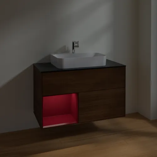 VILLEROY BOCH Toaletní skříňka Finion, s osvětlením, 2 výsuvy, 1000 x 603 x 501 mm, ořechová dýha / matný lak Pivoňka / černé matné sklo #F362HBGN, obrázek 5