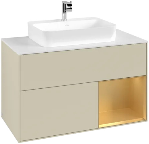 VILLEROY BOCH Toaletní skříňka Finion, s osvětlením, 2 výsuvy, 1000 x 603 x 501 mm, Silk Grey Matt Lacquer / Gold Matt Lacquer / Glass White Matt #F371HFHJ