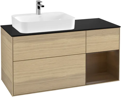 VILLEROY BOCH Toaletní stolek Finion, s osvětlením, 3 výsuvy, 1200 x 603 x 501 mm, dubová dýha / ořechová dýha / sklo černé matné #F402GNPC