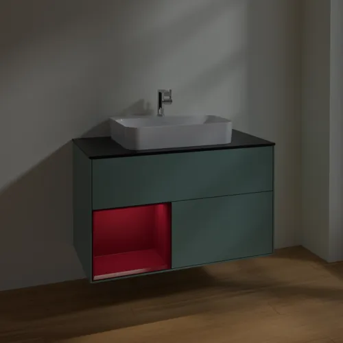 VILLEROY BOCH Toaletní skříňka Finion, s osvětlením, 2 výsuvy, 1000 x 603 x 501 mm, olivový matný lak / pivoňkový matný lak / černé matné sklo #F362HBGM, obrázek 5