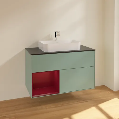 VILLEROY BOCH Toaletní skříňka Finion, s osvětlením, 2 výsuvy, 1000 x 603 x 501 mm, olivový matný lak / pivoňkový matný lak / černé matné sklo #F362HBGM, obrázek 2