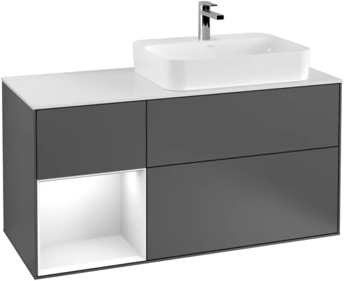 VILLEROY BOCH Toaletní skříňka Finion, s osvětlením, 3 výsuvy, 1200 x 603 x 501 mm, antracit matný lak / lesklý bílý lak / sklo bílé matné #F391GFGK
