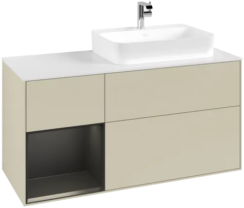 VILLEROY BOCH Toaletní skříňka Finion, s osvětlením, 3 výsuvy, 1200 x 603 x 501 mm, hedvábně šedý matný lak / černý matný lak / bílé matné sklo #F391PDHJ