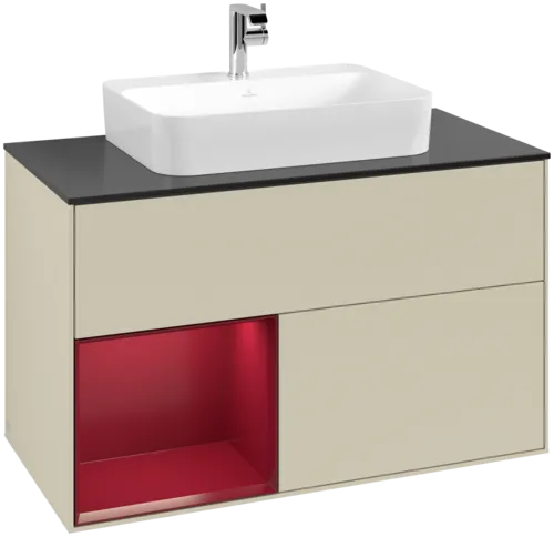 VILLEROY BOCH Toaletní skříňka Finion, s osvětlením, 2 výsuvy, 1000 x 603 x 501 mm, Silk Grey Matt Lacquer / Peony Matt Lacquer / Glass Black Matt #F362HBHJ