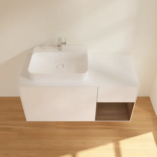 VILLEROY BOCH Toaletní skříňka Finion, s osvětlením, 3 výsuvy, 1200 x 603 x 501 mm, bílý matný lak / ořechová dýha / sklo bílé matné #F401GNMT, obrázek 4