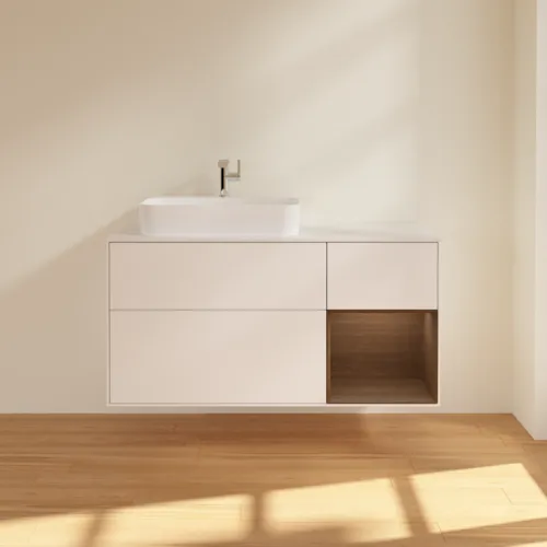 VILLEROY BOCH Toaletní skříňka Finion, s osvětlením, 3 výsuvy, 1200 x 603 x 501 mm, bílý matný lak / ořechová dýha / sklo bílé matné #F401GNMT, obrázek 3
