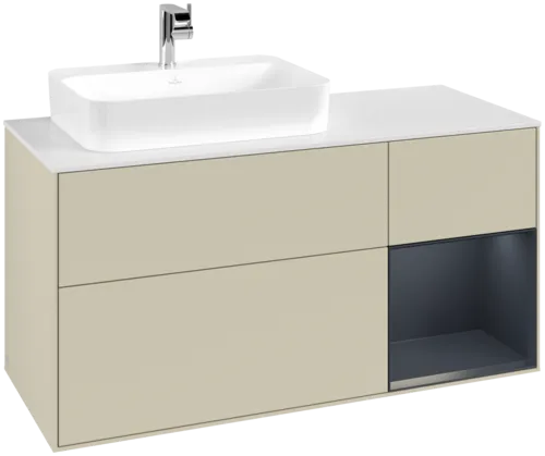 VILLEROY BOCH Toaletní skříňka Finion, s osvětlením, 3 výsuvy, 1200 x 603 x 501 mm, hedvábně šedý matný lak / půlnočně modrý matný lak / bílé matné sklo #F401HGHJ