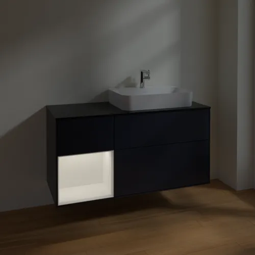 VILLEROY BOCH Toaletní skříňka Finion, s osvětlením, 3 výsuvy, 1200 x 603 x 501 mm, Midnight Blue Matt Lacquer / White Matt Lacquer / Glass Black Matt #F392MTHG, obrázek 5