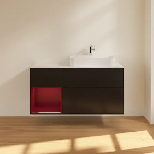 VILLEROY BOCH Toaletní skříňka Finion, s osvětlením, 3 výsuvy, 1200 x 603 x 501 mm, černý matný lak / pivoňkový matný lak / bílé matné sklo #F391HBPD, obrázek 3