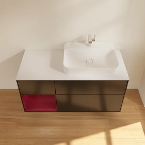 VILLEROY BOCH Toaletní skříňka Finion, s osvětlením, 3 výsuvy, 1200 x 603 x 501 mm, černý matný lak / pivoňkový matný lak / bílé matné sklo #F391HBPD, obrázek 4