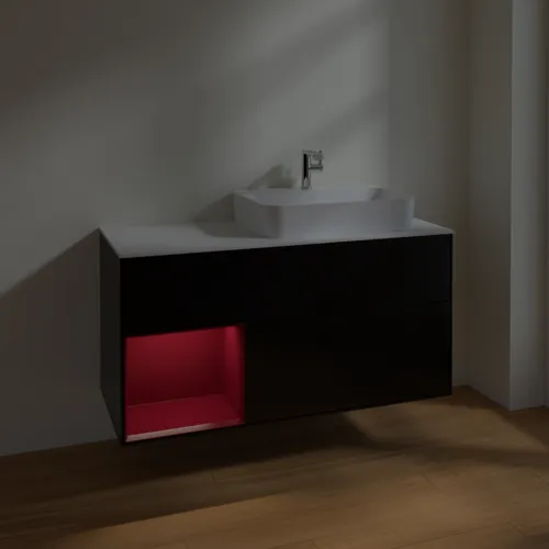 VILLEROY BOCH Toaletní skříňka Finion, s osvětlením, 3 výsuvy, 1200 x 603 x 501 mm, černý matný lak / pivoňkový matný lak / bílé matné sklo #F391HBPD, obrázek 5