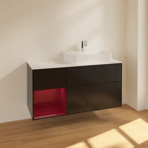 VILLEROY BOCH Toaletní skříňka Finion, s osvětlením, 3 výsuvy, 1200 x 603 x 501 mm, černý matný lak / pivoňkový matný lak / bílé matné sklo #F391HBPD, obrázek 2
