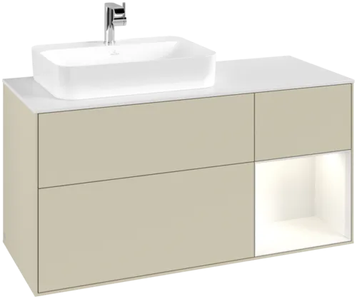 VILLEROY BOCH Toaletní skříňka Finion, s osvětlením, 3 výsuvy, 1200 x 603 x 501 mm, hedvábně šedý matný lak / lesklý bílý lak / bílé matné sklo #F401GFHJ