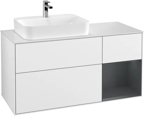 VILLEROY BOCH Toaletní skříňka Finion, s osvětlením, 3 výsuvy, 1200 x 603 x 501 mm, lesklý bílý lak / půlnoční modrý matný lak / bílé matné sklo #F401HGGF
