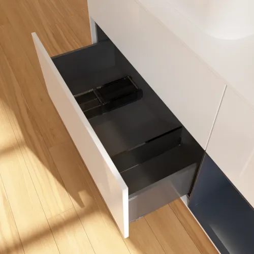 VILLEROY BOCH Toaletní skříňka Finion, s osvětlením, 3 výsuvy, 1200 x 603 x 501 mm, lesklý bílý lak / půlnoční modrý matný lak / bílé matné sklo #F401HGGF, obrázek 7