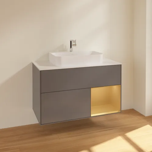 VILLEROY BOCH Toaletní skříňka Finion, s osvětlením, 2 výsuvy, 1000 x 603 x 501 mm, antracitový matný lak / zlatý matný lak / bílé matné sklo #F371HFGK, obrázek 2