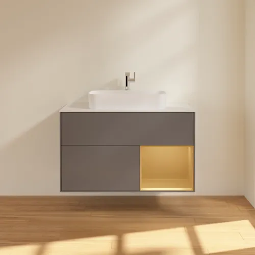 VILLEROY BOCH Toaletní skříňka Finion, s osvětlením, 2 výsuvy, 1000 x 603 x 501 mm, antracitový matný lak / zlatý matný lak / bílé matné sklo #F371HFGK, obrázek 3