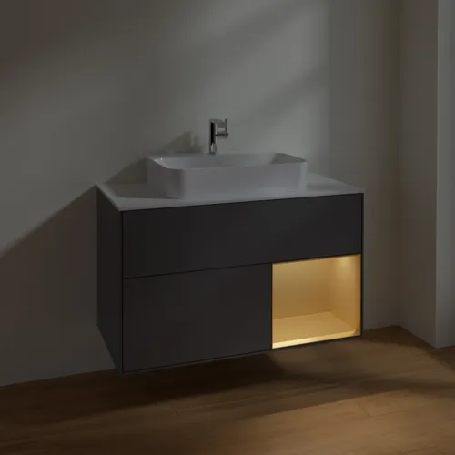 VILLEROY BOCH Toaletní skříňka Finion, s osvětlením, 2 výsuvy, 1000 x 603 x 501 mm, antracitový matný lak / zlatý matný lak / bílé matné sklo #F371HFGK, obrázek 5