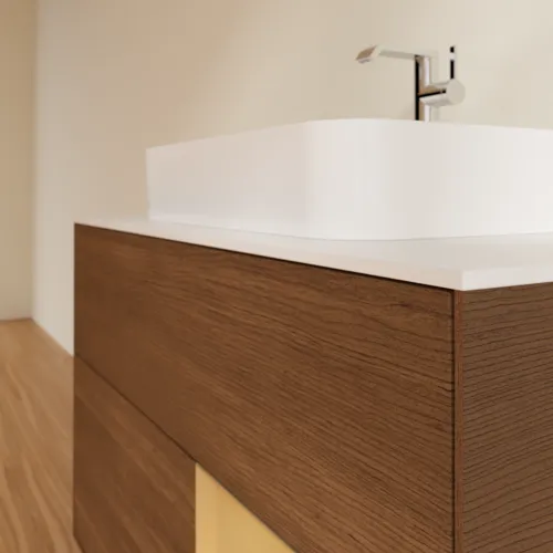 VILLEROY BOCH Toaletní stolek Finion, s osvětlením, 2 výsuvy, 1000 x 603 x 501 mm, ořechová dýha / zlatý matný lak / sklo bílé matné #F371HFGN, obrázek 6