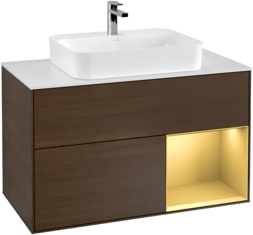 VILLEROY BOCH Toaletní stolek Finion, s osvětlením, 2 výsuvy, 1000 x 603 x 501 mm, ořechová dýha / zlatý matný lak / sklo bílé matné #F371HFGN