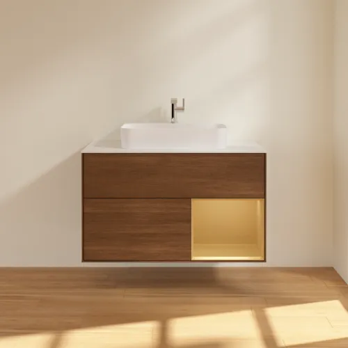 VILLEROY BOCH Toaletní stolek Finion, s osvětlením, 2 výsuvy, 1000 x 603 x 501 mm, ořechová dýha / zlatý matný lak / sklo bílé matné #F371HFGN, obrázek 3