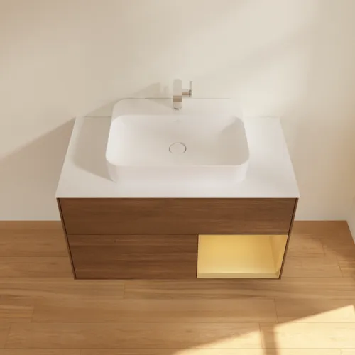 VILLEROY BOCH Toaletní stolek Finion, s osvětlením, 2 výsuvy, 1000 x 603 x 501 mm, ořechová dýha / zlatý matný lak / sklo bílé matné #F371HFGN, obrázek 4