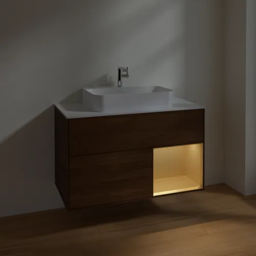 VILLEROY BOCH Toaletní stolek Finion, s osvětlením, 2 výsuvy, 1000 x 603 x 501 mm, ořechová dýha / zlatý matný lak / sklo bílé matné #F371HFGN, obrázek 5
