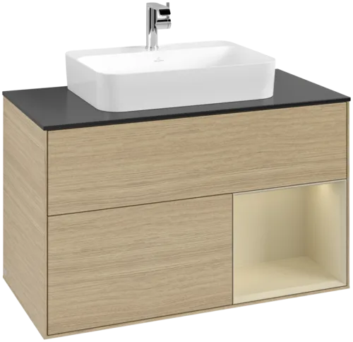 VILLEROY BOCH Toaletní skříňka Finion, s osvětlením, 2 výsuvy, 1000 x 603 x 501 mm, dubová dýha / hedvábně šedý matný lak / sklo černé matné #F372HJPC