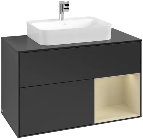 VILLEROY BOCH Toaletní skříňka Finion, s osvětlením, 2 výsuvy, 1000 x 603 x 501 mm, černý matný lak / hedvábně šedý matný lak / černé matné sklo #F372HJPD