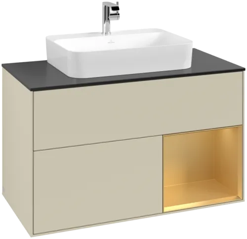 VILLEROY BOCH Toaletní skříňka Finion, s osvětlením, 2 výsuvy, 1000 x 603 x 501 mm, Silk Grey Matt Lacquer / Gold Matt Lacquer / Glass Black Matt #F372HFHJ
