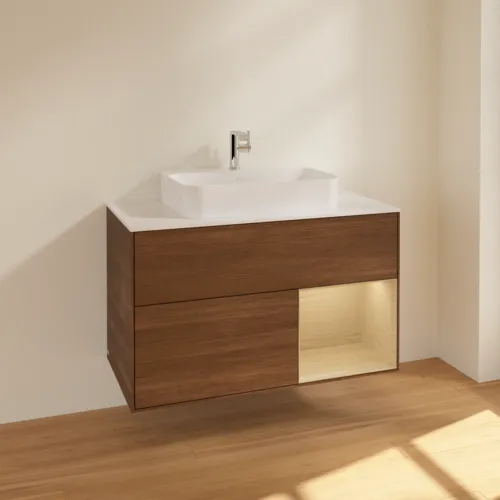 VILLEROY BOCH Umyvadlová skříňka Finion, s osvětlením, 2 výsuvy, 1000 x 603 x 501 mm, ořechová dýha / dubová dýha / sklo bílé matné #F371PCGN, obrázek 2