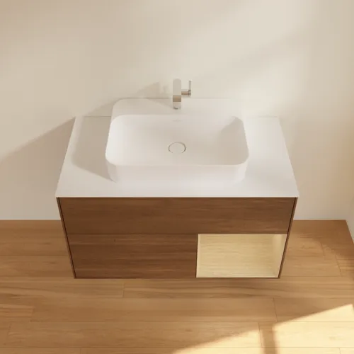 VILLEROY BOCH Umyvadlová skříňka Finion, s osvětlením, 2 výsuvy, 1000 x 603 x 501 mm, ořechová dýha / dubová dýha / sklo bílé matné #F371PCGN, obrázek 4