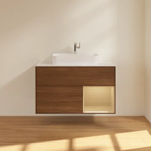VILLEROY BOCH Umyvadlová skříňka Finion, s osvětlením, 2 výsuvy, 1000 x 603 x 501 mm, ořechová dýha / dubová dýha / sklo bílé matné #F371PCGN, obrázek 3