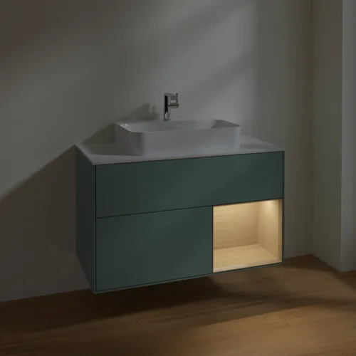 VILLEROY BOCH Toaletní skříňka Finion, s osvětlením, 2 výsuvy, 1000 x 603 x 501 mm, olivový matný lak / dubová dýha / sklo bílé matné #F371PCGM, obrázek 5