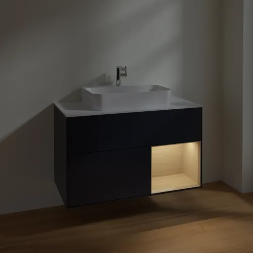 VILLEROY BOCH Toaletní skříňka Finion, s osvětlením, 2 výsuvy, 1000 x 603 x 501 mm, Midnight Blue Matt Lacquer / Oak Veneer / Glass White Matt #F371PCHG, obrázek 5