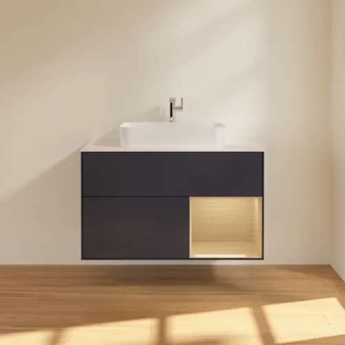 VILLEROY BOCH Toaletní skříňka Finion, s osvětlením, 2 výsuvy, 1000 x 603 x 501 mm, Midnight Blue Matt Lacquer / Oak Veneer / Glass White Matt #F371PCHG, obrázek 3