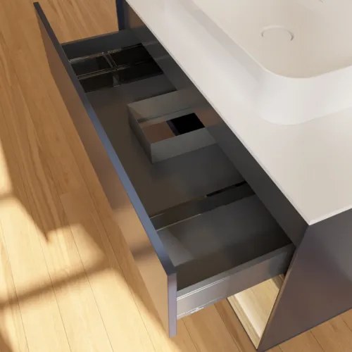 VILLEROY BOCH Toaletní skříňka Finion, s osvětlením, 2 výsuvy, 1000 x 603 x 501 mm, Midnight Blue Matt Lacquer / Oak Veneer / Glass White Matt #F371PCHG, obrázek 8
