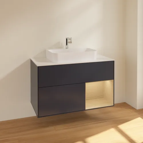 VILLEROY BOCH Toaletní skříňka Finion, s osvětlením, 2 výsuvy, 1000 x 603 x 501 mm, Midnight Blue Matt Lacquer / Oak Veneer / Glass White Matt #F371PCHG, obrázek 2