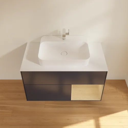 VILLEROY BOCH Toaletní skříňka Finion, s osvětlením, 2 výsuvy, 1000 x 603 x 501 mm, Midnight Blue Matt Lacquer / Oak Veneer / Glass White Matt #F371PCHG, obrázek 4
