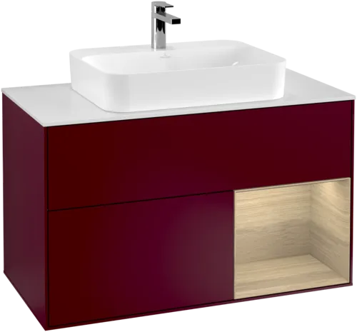VILLEROY BOCH Toaletní skříňka Finion, s osvětlením, 2 výsuvy, 1000 x 603 x 501 mm, matný lak Peony / dubová dýha / bílé matné sklo #F371PCHB