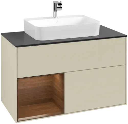 VILLEROY BOCH Toaletní skříňka Finion, s osvětlením, 2 výsuvy, 1000 x 603 x 501 mm, hedvábně šedý matný lak / ořechová dýha / černé matné sklo #F362GNHJ